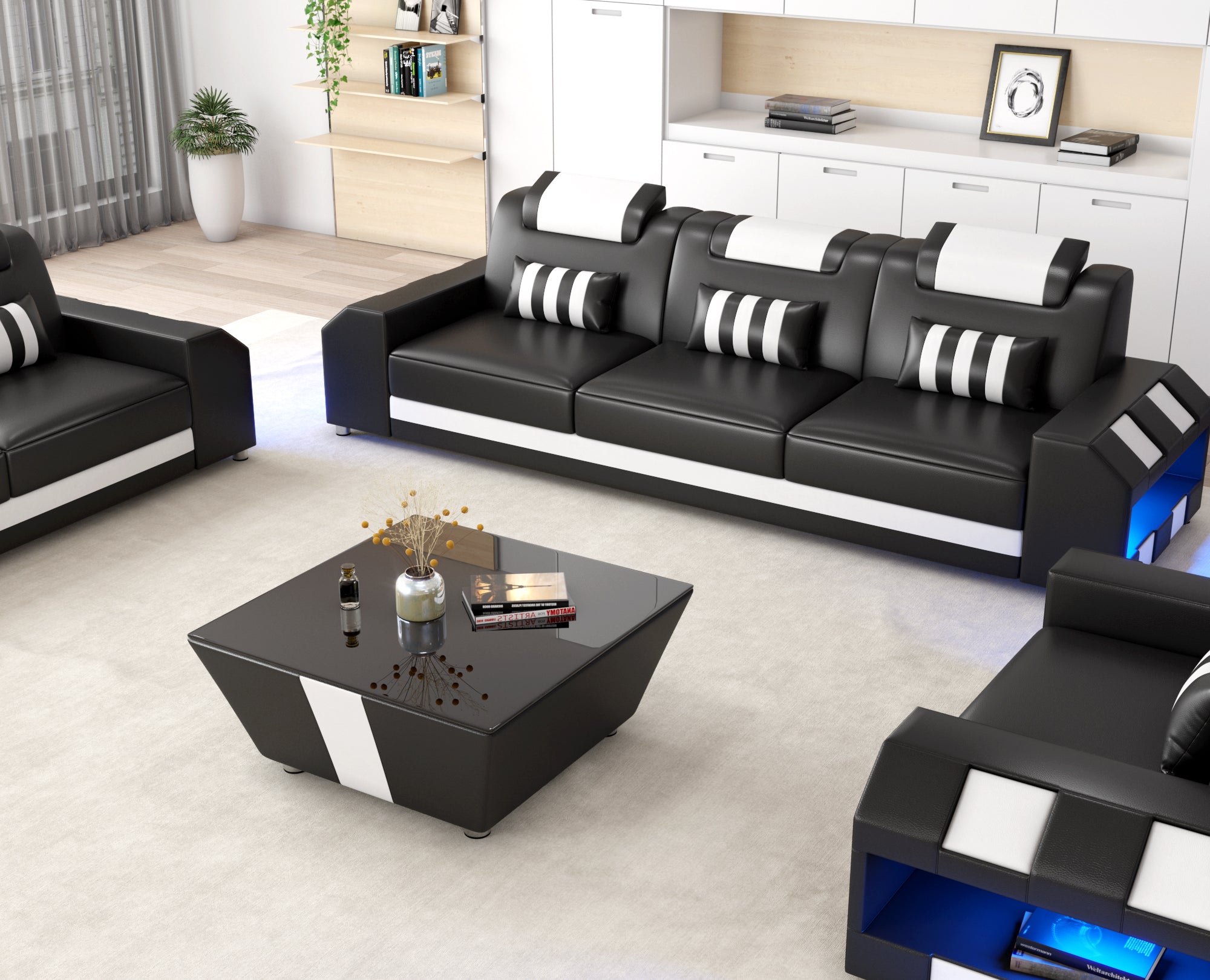 Cosmo LED Leather Sofa Set - Modern 3-Piece Living Room Set with Mood Lighting