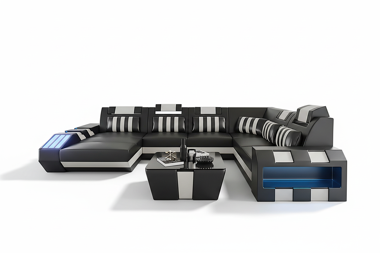Cosmo Modern Leather Sectional with LED - Angled View