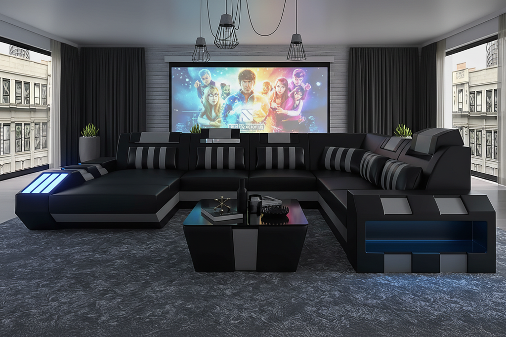 Cosmo Modern Leather Sectional with LED - Home Theater