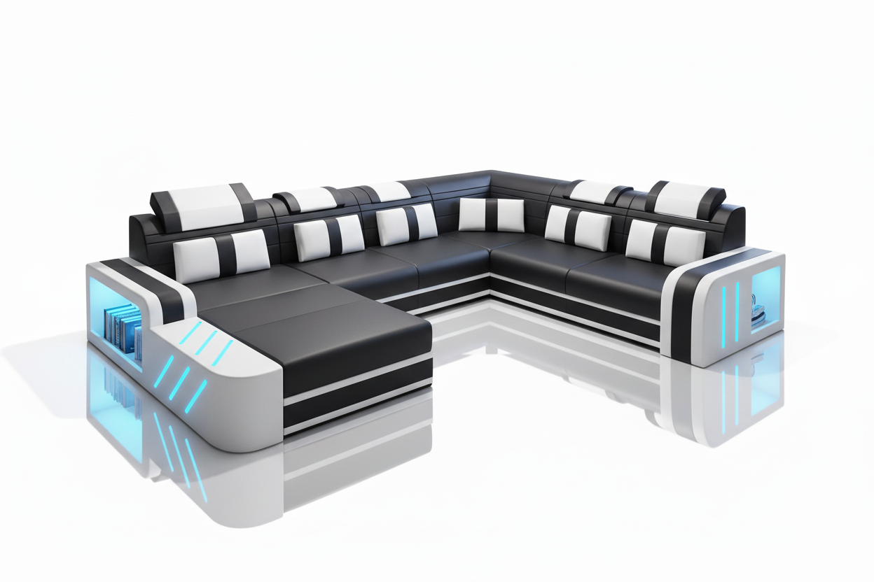 Deep black with bright white trim sectional with mirror reflection