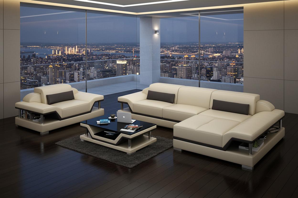 Taliya Mini Modern Leather Sectional with Chaise - Urban Rooftop Apartment