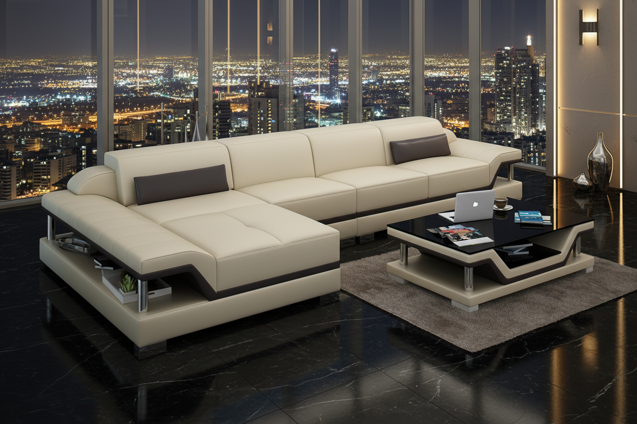 Taliya Small Modern Leather Sectional - Dubai Penthouse at Night