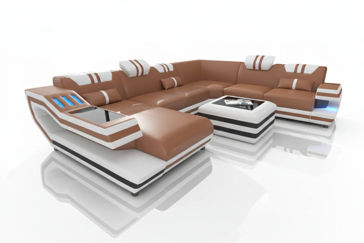 Aura U-Shape Leather Sectional Sofa with LED Light | Modern Designer Couch